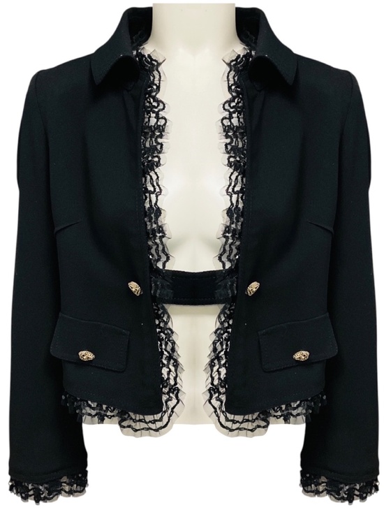 Dolce & Gabbana Jackets & Blazers - DOLCE & GABBANA BLACK SEQUINED MESH TULLE LACE TRIMMED CROPPED WOOL CREPE JACKET
